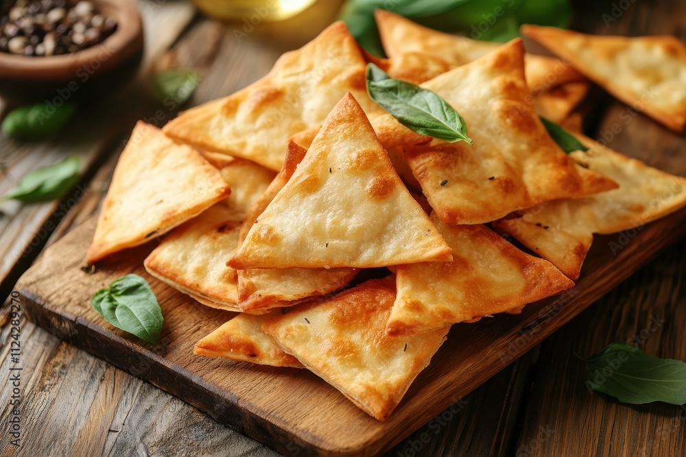 Tasty pita chips on a wooden table zoomed in Tasty pita chips on a wooden table zoomed in