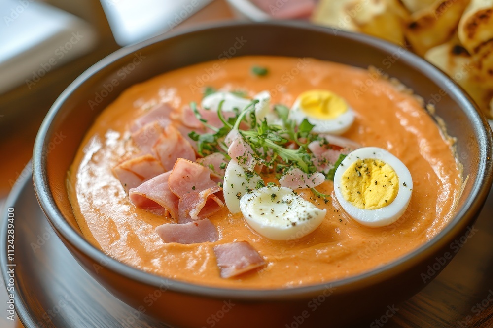 Tasty salmorejo accompanied by assorted tapas like salad ham cheese boiled eggs and pita chips Tasty salmorejo accompanied by assorted tapas like salad ham cheese boiled eggs and pita chips