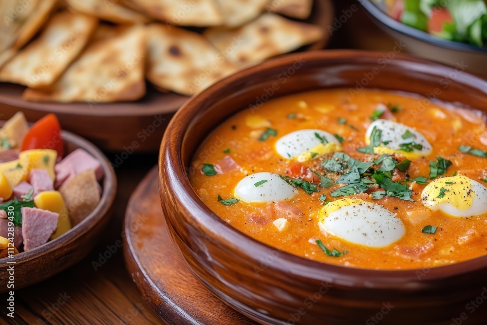 Tasty salmorejo accompanied by assorted tapas like salad ham cheese eggs and pita chips Tasty salmorejo accompanied by assorted tapas like salad ham cheese eggs and pita chips