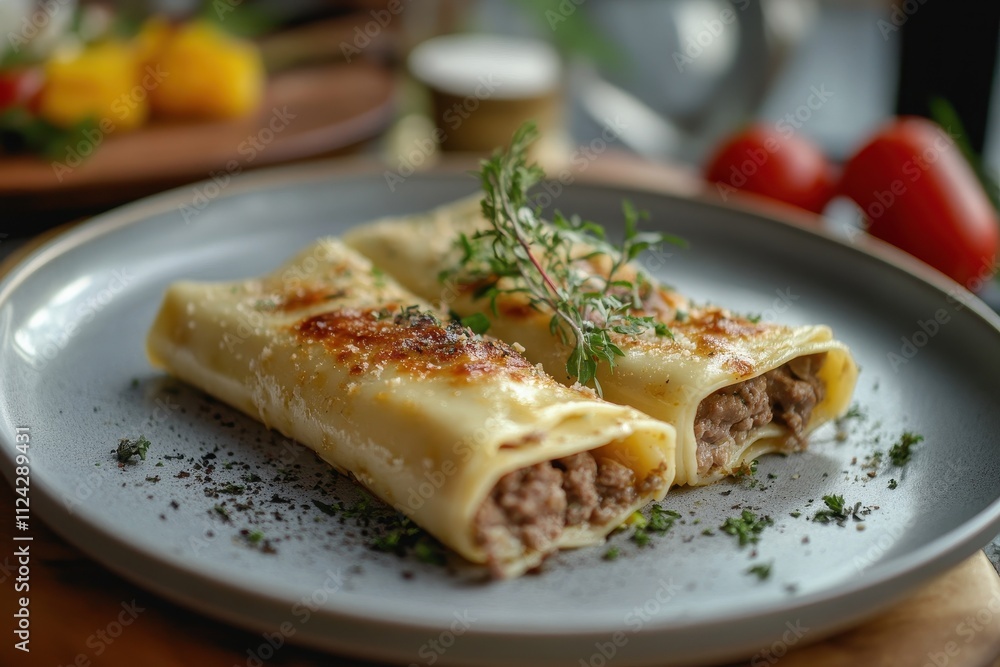 Tasty stuffed pasta served on a dish Italian cannelloni Spanish canelones Tasty stuffed pasta served on a dish Italian cannelloni Spanish canelones