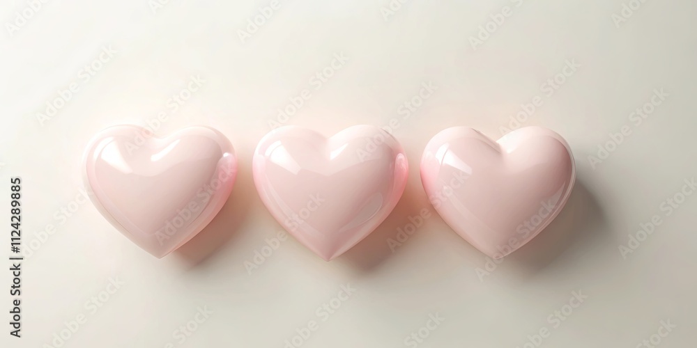 Three Shiny Pink Hearts Arranged in a Row on a Pale Background Three Shiny Pink Hearts Arranged in a Row on a Pale Background