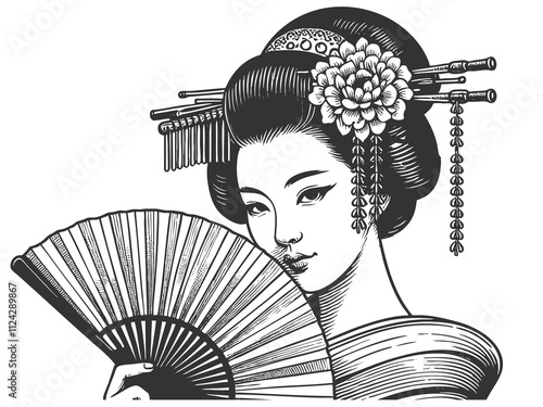  graceful geisha in traditional attire, adorned with flowers and hairpins, holding a decorative fansketch engraving generative ai raster illustration. Scratch board imitation. Black and white image.