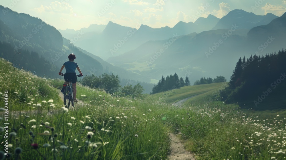 Obraz premium Bicycle hiking travel in the mountains illustration generated by ai