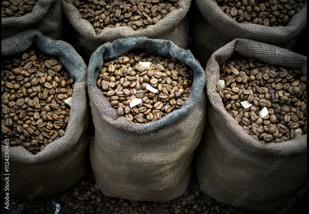 Obraz premium Bags of Raw Coffee Beans Ready for Roasting in a Coffee Production Facility Highlighting Natural Ingredients and Sustainable Farming Practices