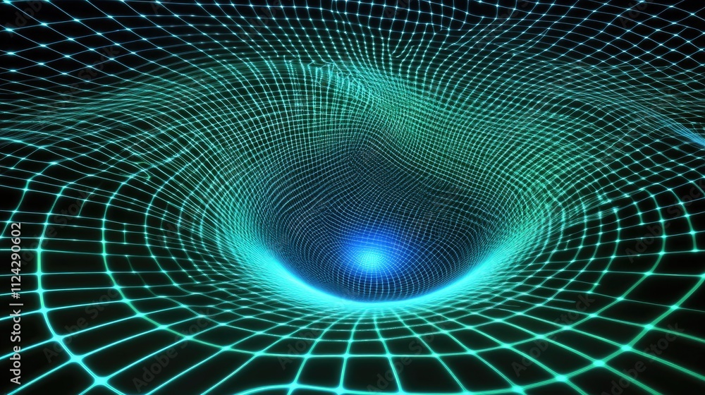 Abstract glowing teal grid forming a vortex tunnel in space Abstract glowing teal grid forming a vortex tunnel in space
