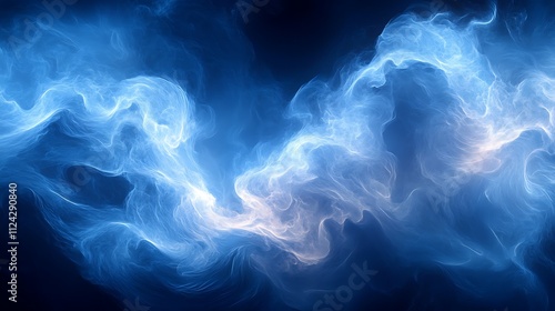 Abstract blue and white smoke swirls on black background.