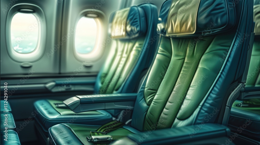 A first class airplane seat, dark blue and green pastel. A first class airplane seat, dark blue and green pastel.