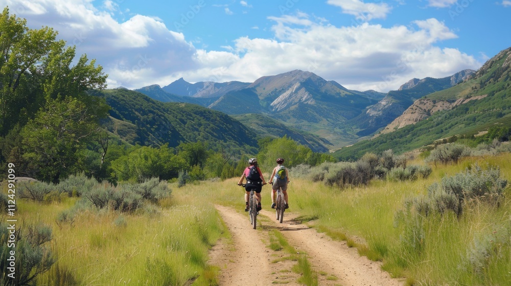 Bicycle hiking travel in the mountains illustration generated by ai Bicycle hiking travel in the mountains illustration generated by ai