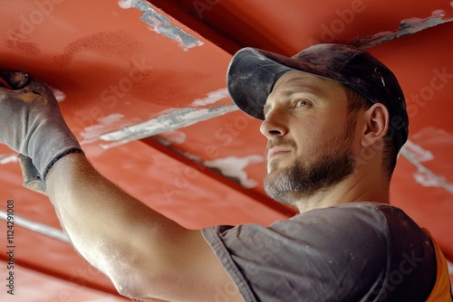 The worker installs a plasterboard ceiling trimming the edges with a gypsum board planer A red plasterboard enhances fire resistance in ceilings photo