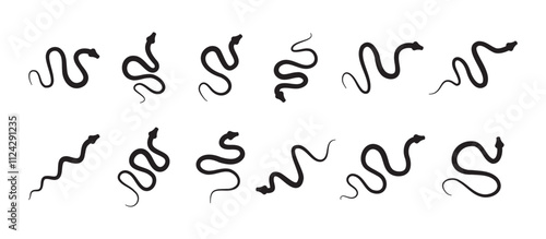 Black silhouette snake icon set. Isolated snake symbol on white background. Abstract snake sign