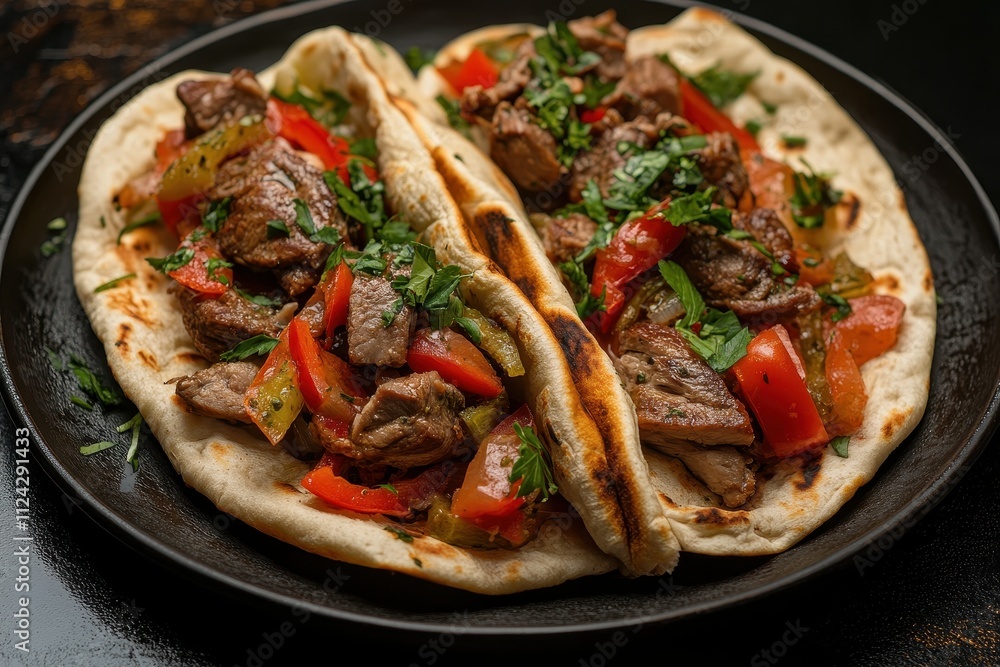 Three pita filled with veggies chicken and beef on a black plate against a dark backdrop Three pita filled with veggies chicken and beef on a black plate against a dark backdrop