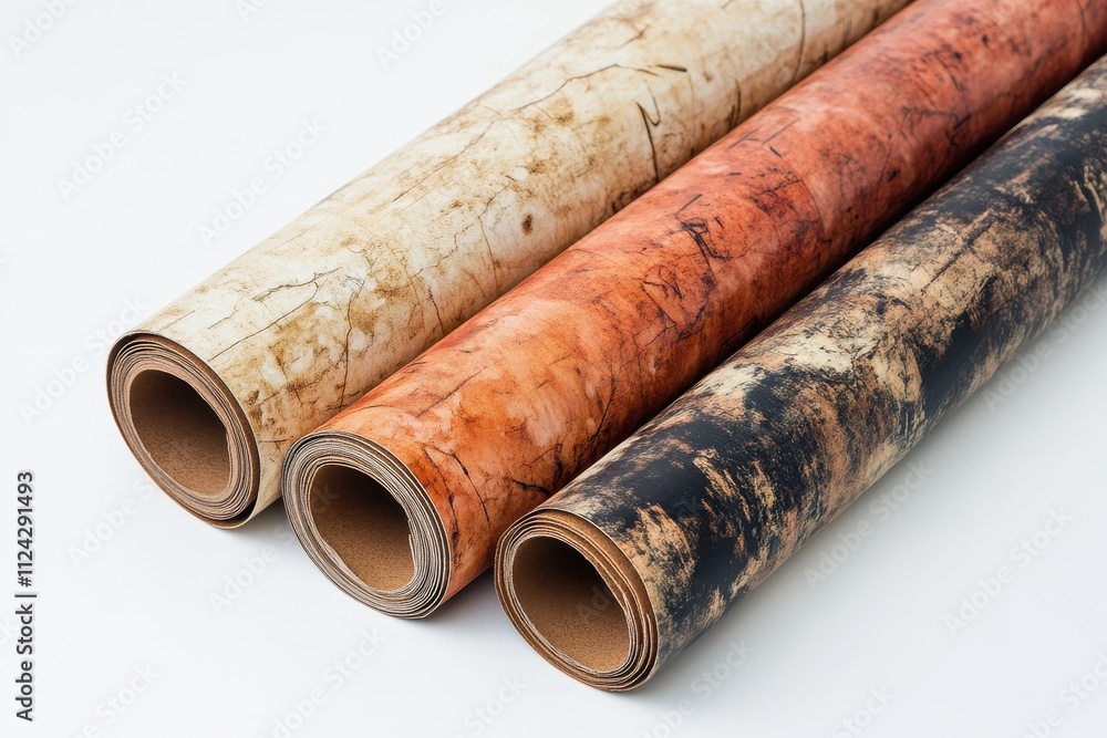 Three rolls of floor covering on a white backdrop Board patterned linoleum for home use Three rolls of floor covering on a white backdrop Board patterned linoleum for home use