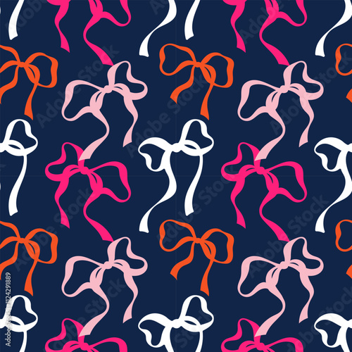 Cute coquette pattern seamless white pink orange ribbon bow. Cute feminine romantic background for textile, fabric, wallpaper, wrapping.