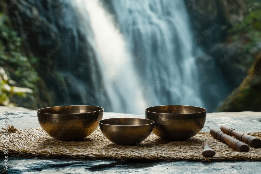 Tibetan bowls on straw mat by waterfall long banner Tibetan bowls on straw mat by waterfall long banner