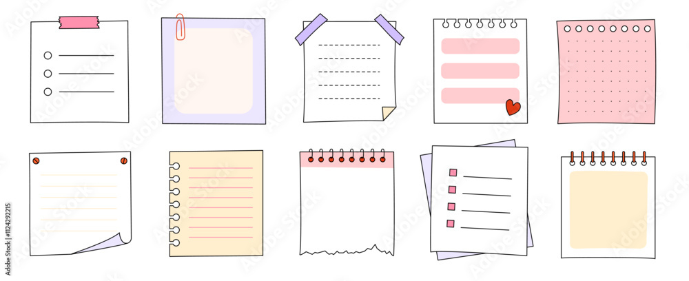 Memo frame note paper line cute planner sheet set. Notebook paper note frame for task list page, to do list sticker sheet. Hand drawn kid sketch line style reminder sticker. Vector illustration. Memo frame note paper line cute planner sheet set. Notebook paper note frame for task list page, to do list sticker sheet. Hand drawn kid sketch line style reminder sticker. Vector illustration.