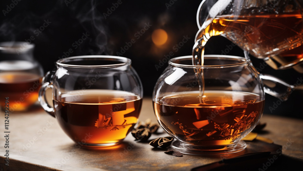 Hot tea is being poured from a teapot into glass cups. Steam rises.
Hot tea is being poured from a teapot into glass cups. Steam rises.