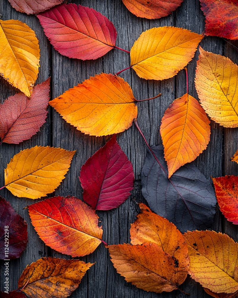 Obraz premium Colorful autumn leaves scattered on wooden surface create warm atmosphere