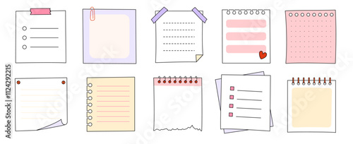Memo frame note paper line cute planner sheet set. Notebook paper note frame for task list page, to do list sticker sheet. Hand drawn kid sketch line style reminder sticker. Vector illustration.