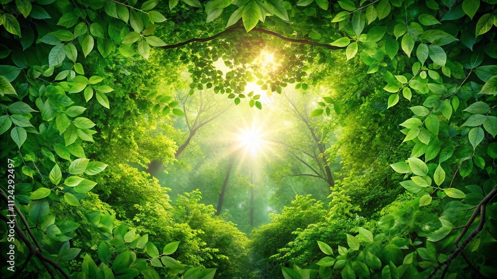 Fototapeta premium Sunlit Canopy A Vibrant Spring Forest Scene with Lush Green Leaves and Rays of Sunlight Piercing Through the Trees