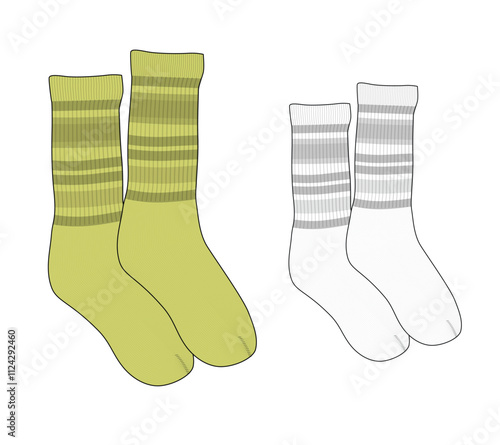 Cashmere socks technical flat sketch vector mockup template.