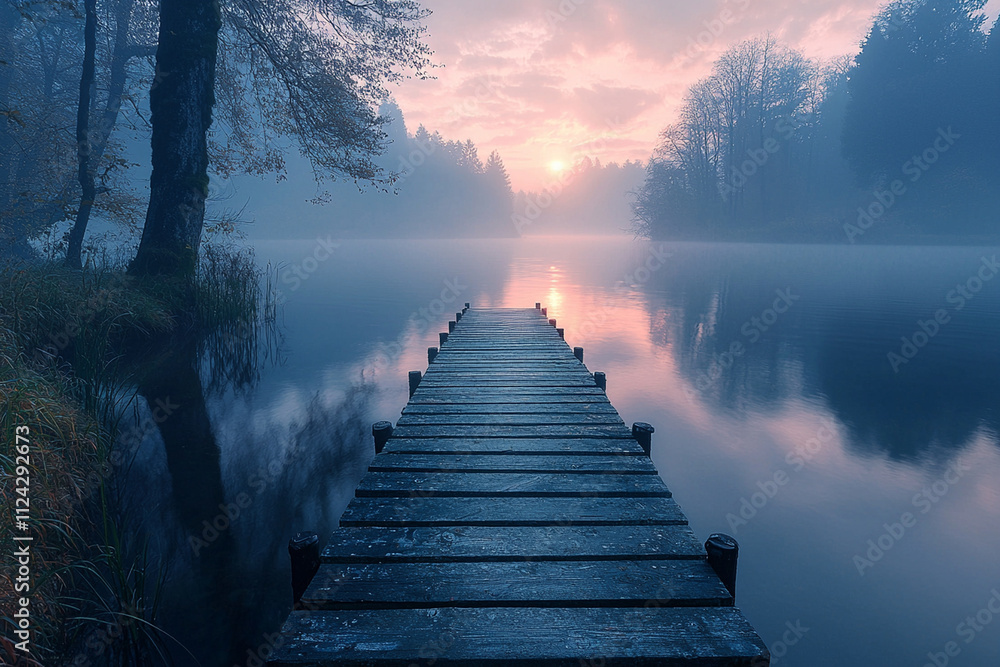 serene photograph of dock stretching into misty lake at sunrise serene photograph of dock stretching into misty lake at sunrise