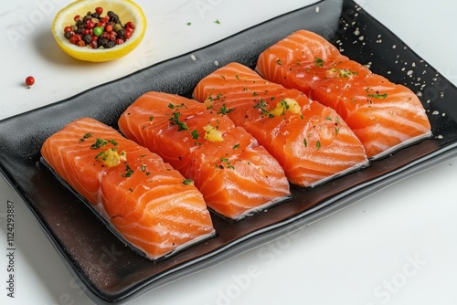 Top view of Crude de Salmon a Latin American and Italian dish of raw salmon marinated in lemon and spices photo