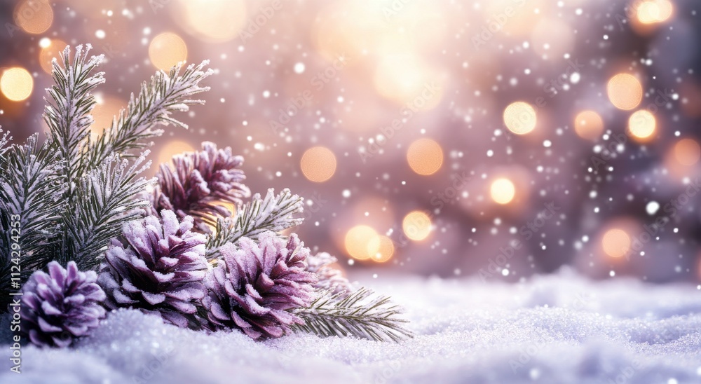 Beautiful Holiday Scene with Snowy Pine Cones, Frosty Evergreen Branches and Soft Bokeh Lights Creating a Magical Winter Wonderland Atmosphere Beautiful Holiday Scene with Snowy Pine Cones, Frosty Evergreen Branches and Soft Bokeh Lights Creating a Magical Winter Wonderland Atmosphere