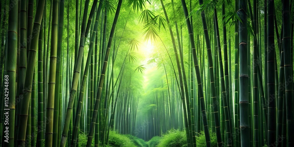 Serene Path Through a Lush Bamboo Forest, Sunlight Filtering Through the Canopy Serene Path Through a Lush Bamboo Forest, Sunlight Filtering Through the Canopy