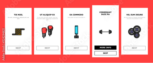 fitness tool dumbbell kettlebell onboarding mobile vector treadmill barbell, resistance band jump rope, yoga mat, foam roller, medicine ball fitness tool dumbbell kettlebell illustrations