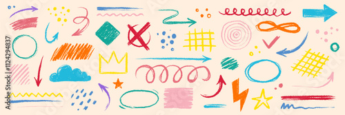 Arrow brush line color paint element shape set. Crayon abstract doodle color circle, arrow sketch hand drawn. Texture crayon brush sketch style shape background. Vector illustration