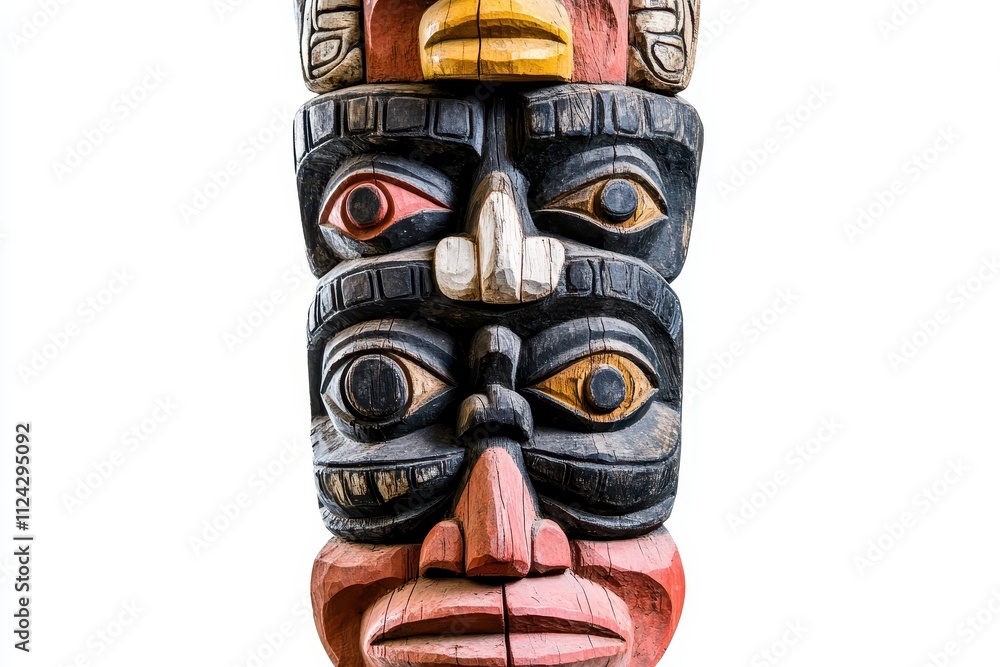 Tribal face totem pole set against a white backdrop Tribal face totem pole set against a white backdrop