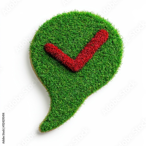 A vibrant green speech bubble shape adorned with a red check mark symbolizes positivity and approval, ideal for eco-friendly messaging, marketing materials, or online content promoting sustainability photo