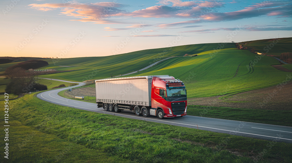 A Picturesque Landscape with Rolling Green Hills, a Winding Road, and a Red Truck with a White Trailer Moving Through Verdant Fields Under a Sky Painted with Orange and Blue Hues of Dawn or Dusk A Picturesque Landscape with Rolling Green Hills, a Winding Road, and a Red Truck with a White Trailer Moving Through Verdant Fields Under a Sky Painted with Orange and Blue Hues of Dawn or Dusk