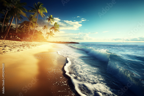 Serene Tropical Beach at Sunset with Golden Sand, Gentle Waves, and Lush Palm Trees Under a Bright Sky with Fluffy Clouds photo