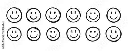 Smile face Doodle sketch style icon set. Smiling face hand drawn, happy emotion concept.