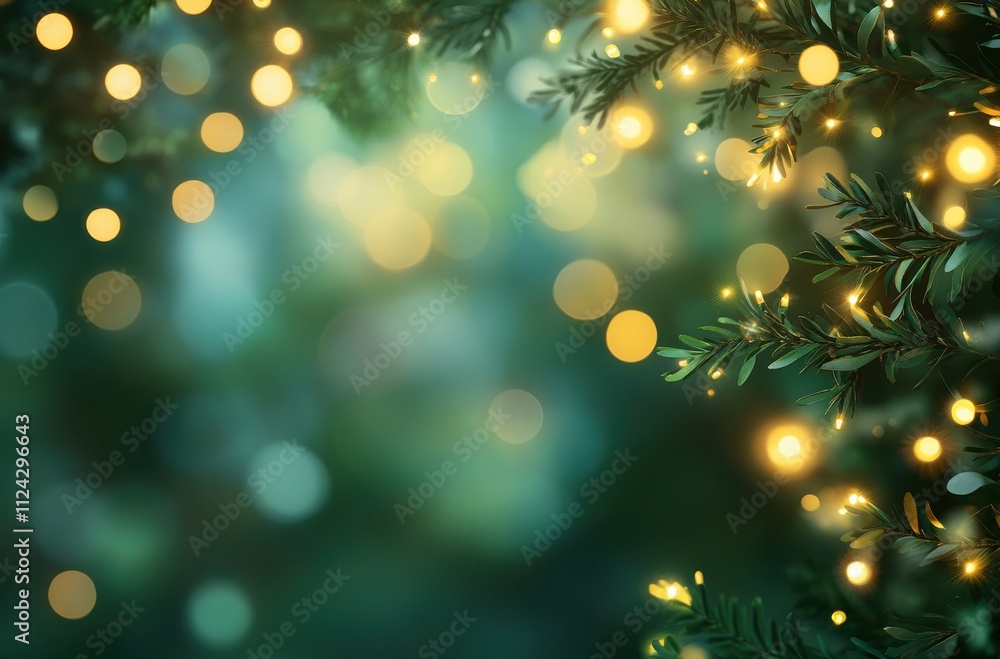 Beautifully blurred background of soft green foliage with glowing lights creating a magical atmosphere, perfect for festive and holiday-themed designs and decorations. Beautifully blurred background of soft green foliage with glowing lights creating a magical atmosphere, perfect for festive and holiday-themed designs and decorations.