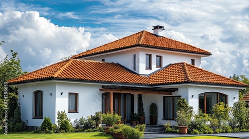 Modern White House with Orange Tile Roof and Lush Landscaping