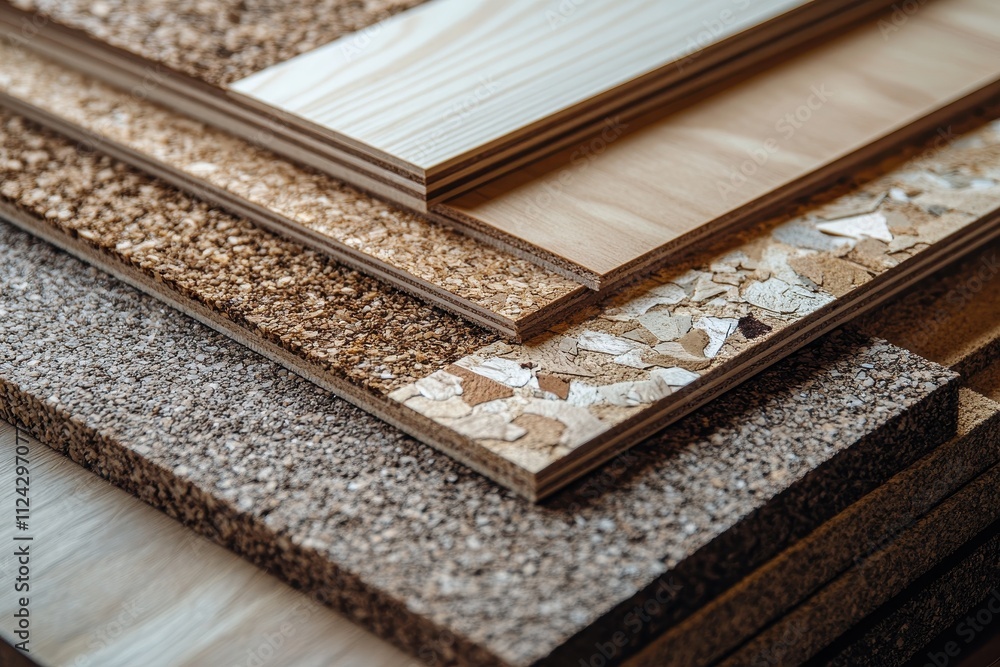 Veneer covered particleboard is sliced into small sections Supplies for furniture makers Bright backdrop Veneer covered particleboard is sliced into small sections Supplies for furniture makers Bright backdrop