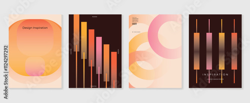 Collection of 70s color gradient poster background vector. Set of retro wall decoration, groovy, trippy, geometric shape. Vintage hippie wall art for interior, decorative, banner, cover, card.