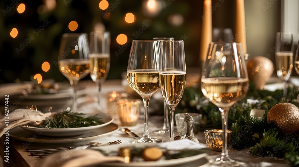 A festive table set for a celebration with multiple glasses of sparkling wine ready for a toast A festive table set for a celebration with multiple glasses of sparkling wine ready for a toast