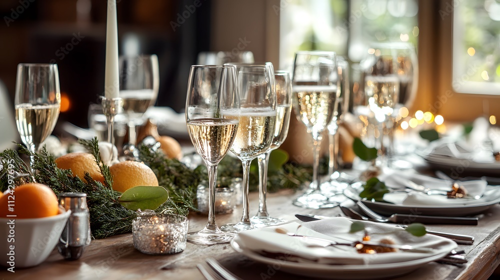A festive table set for a celebration with multiple glasses of sparkling wine ready for a toast A festive table set for a celebration with multiple glasses of sparkling wine ready for a toast
