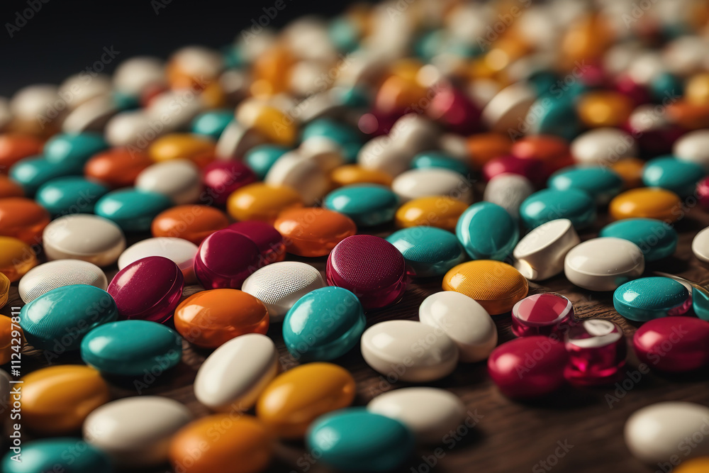 Fantastic Flat lay of plastic container with pills coming out of it Fantastic Flat lay of plastic container with pills coming out of it
