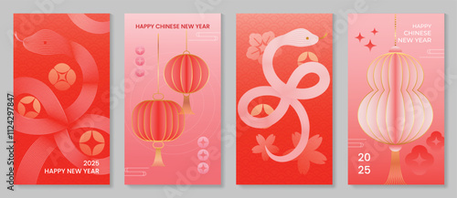 Chinese New Year 2025 hongbao red envelope design vector. Collection of Chinese festival with snake, flower, lantern, pattern. Elegant oriental illustration for angpao, cover, website, calendar, ads.