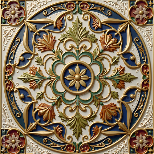 A decorative ceiling tile with a floral design, intricate and detailed
