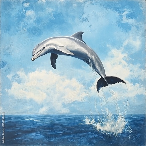 Dolphin leaping from ocean, blue sky. photo