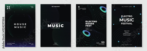 Music poster design background vector set. Electro Sound Cover template with vibrant abstract gradient geometric shape and line wave. Ideal design for social media, flyer, party, music festival, club.