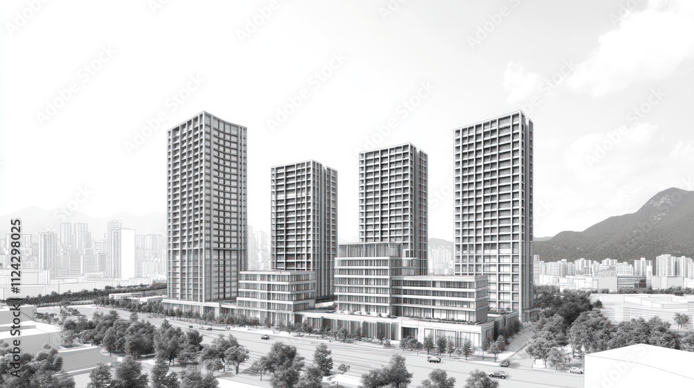 Obraz premium Modern high-rise residential buildings in a city setting.