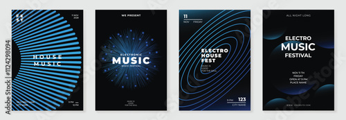 Music poster design background vector set. Electro Sound Cover template with vibrant abstract gradient geometric shape and line wave. Ideal design for social media, flyer, party, music festival, club.