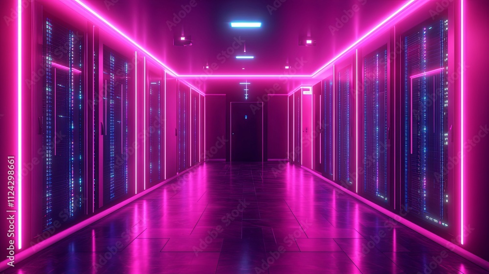 Fototapeta premium Neon Lit Server Room Corridor Displays Digital Data