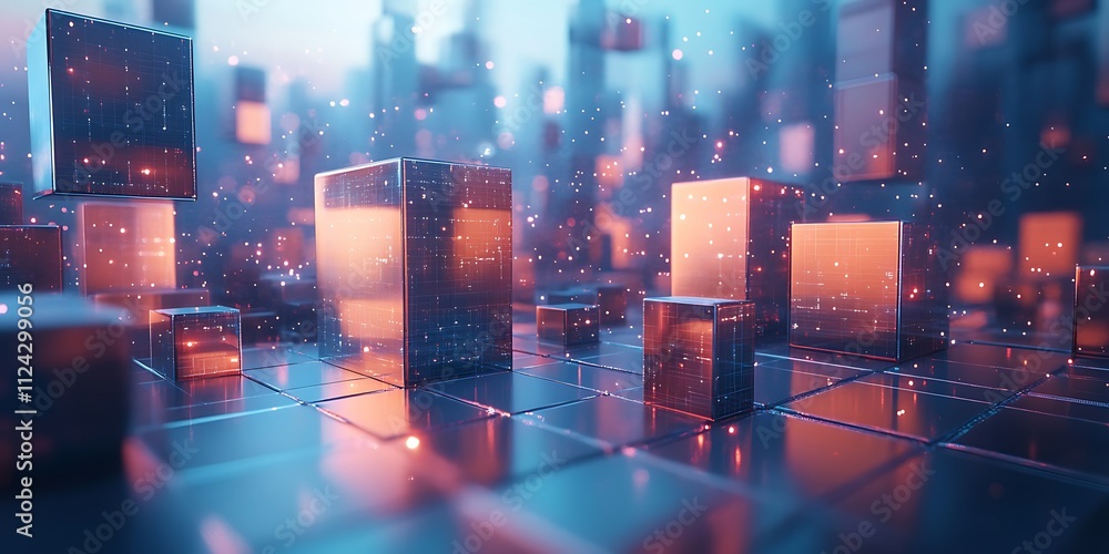 Fototapeta premium Futuristic cityscape with glowing cubes and digital particles.